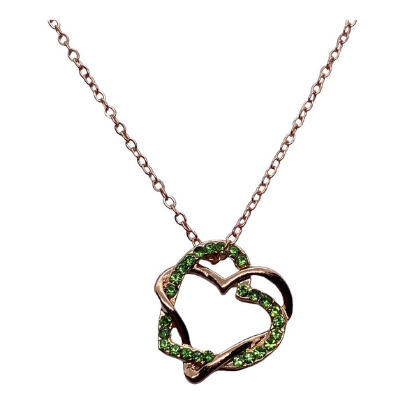 Imitation Yellow Gold Green Peridot Rhinestone Double Heart Pendant Necklace - Picture 1 of 6